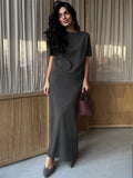 Tossy Knit Fashion Long Skirt Outfits Women's Short Sleeve Sweater Pullover Top And Solid Maxi Skirt 2 Piece-Set Knitwear Sets
