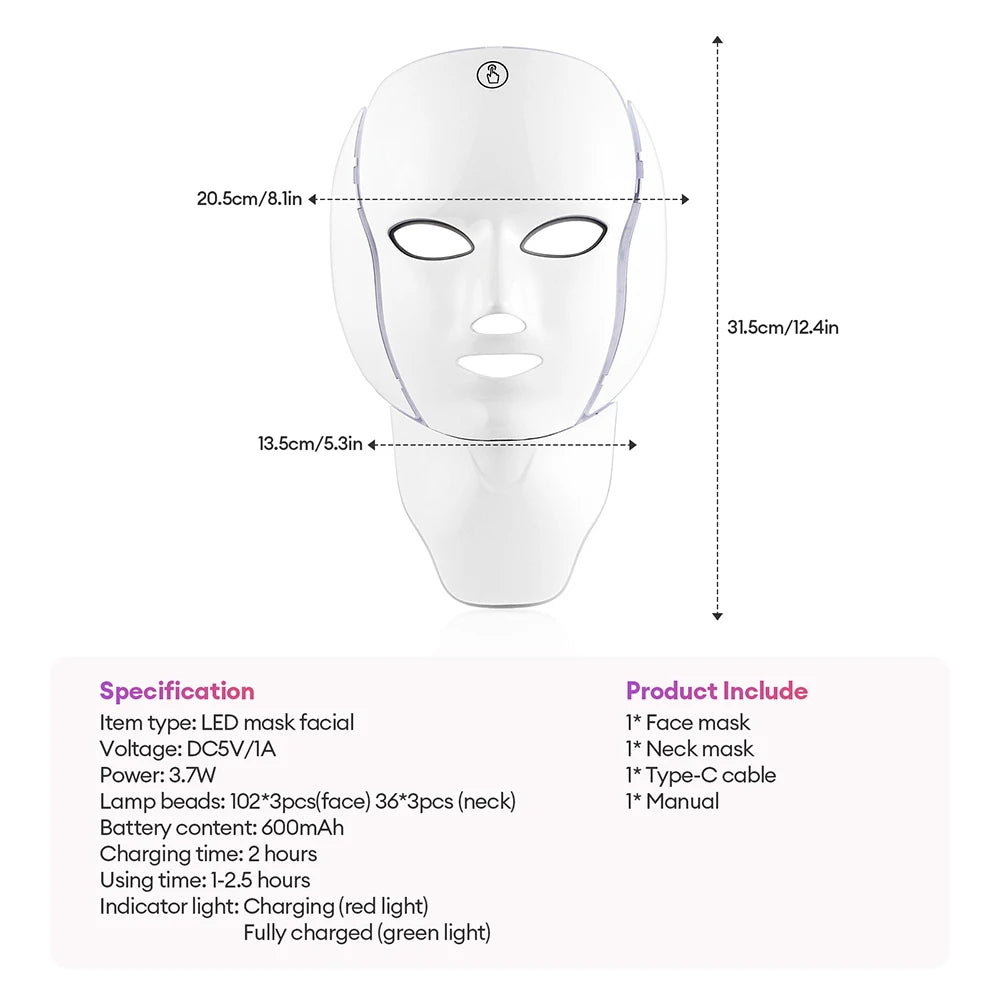 7 Colors Photon Facial LED Mask Red Light Therapy Anti Aging Face Neck Beauty Mask Relaxation Treatment Anti-Wrinkle Skin Care