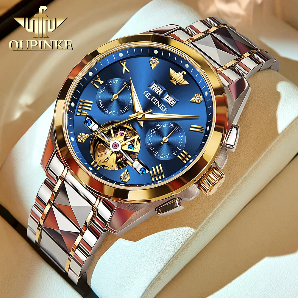 OUPINKE 3186 Automatic Mechanical Movement Watch Hollow Design HD Luminous 50m Waterproof Tungsten Steel Week Calendar Window Watch For Men