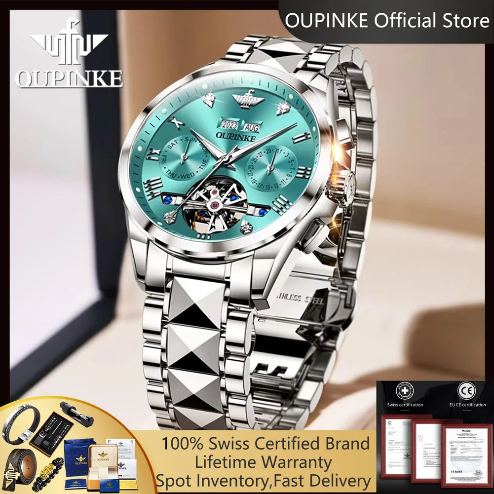 OUPINKE 3186 Men's Watches Luxury Mechanical Watch for Men Skeleton Flywheel Automatic Wristwatch Waterproof Luminous Man Watch