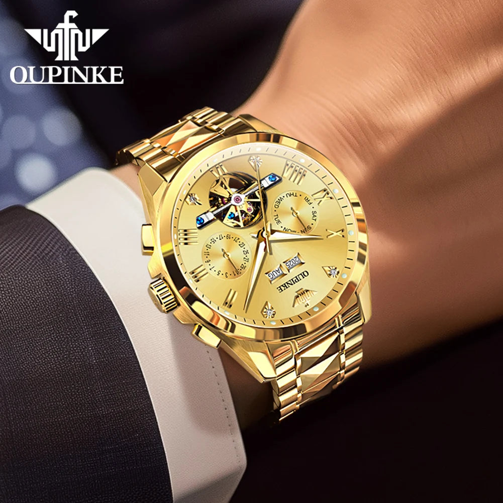 OUPINKE Men's Watches Top Brand Luxury Classic Original Automatic Mechanical Wristwatch Sapphire Mirror Tungsten Steel Calendar