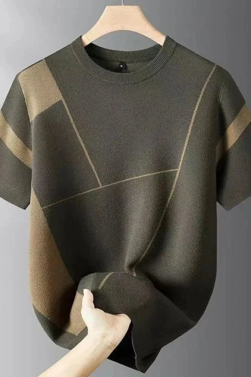 Modern Geometric Knit T-Shirt For Men Casual Daily Wear Soft Comfortable Short Sleeve Round Neck Design