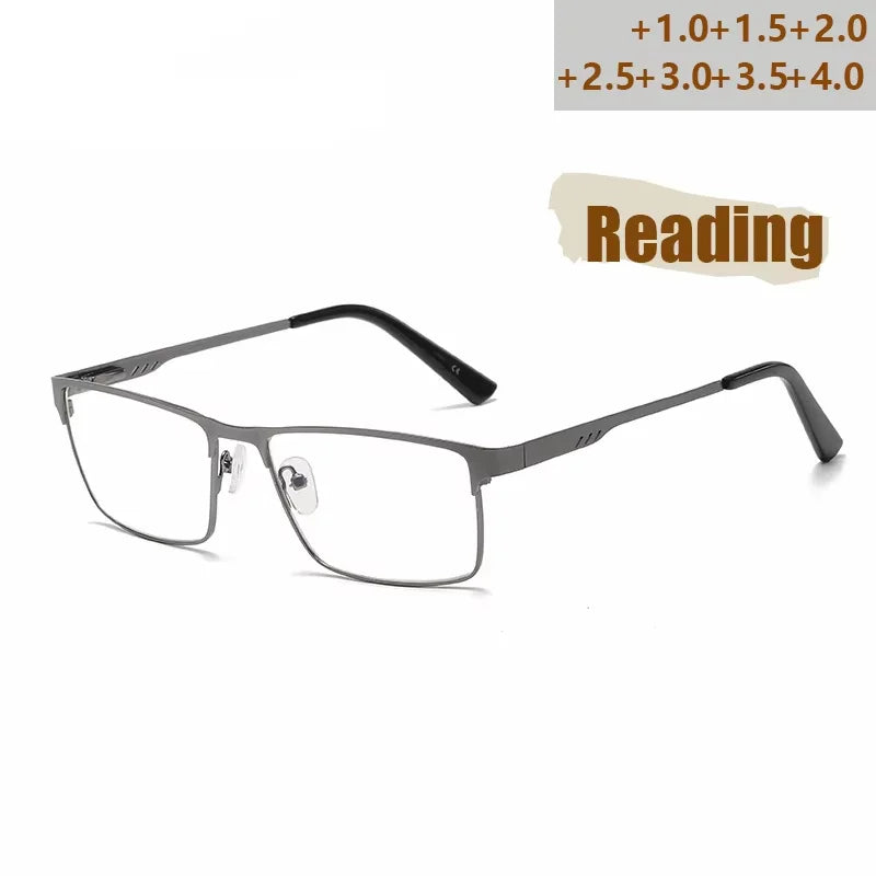 Men's Metal Square Frame Blue Light Blocking Reading Glasses, Fashion Presbyopic Eyeglasses for Men, +100 to +400 Diopters