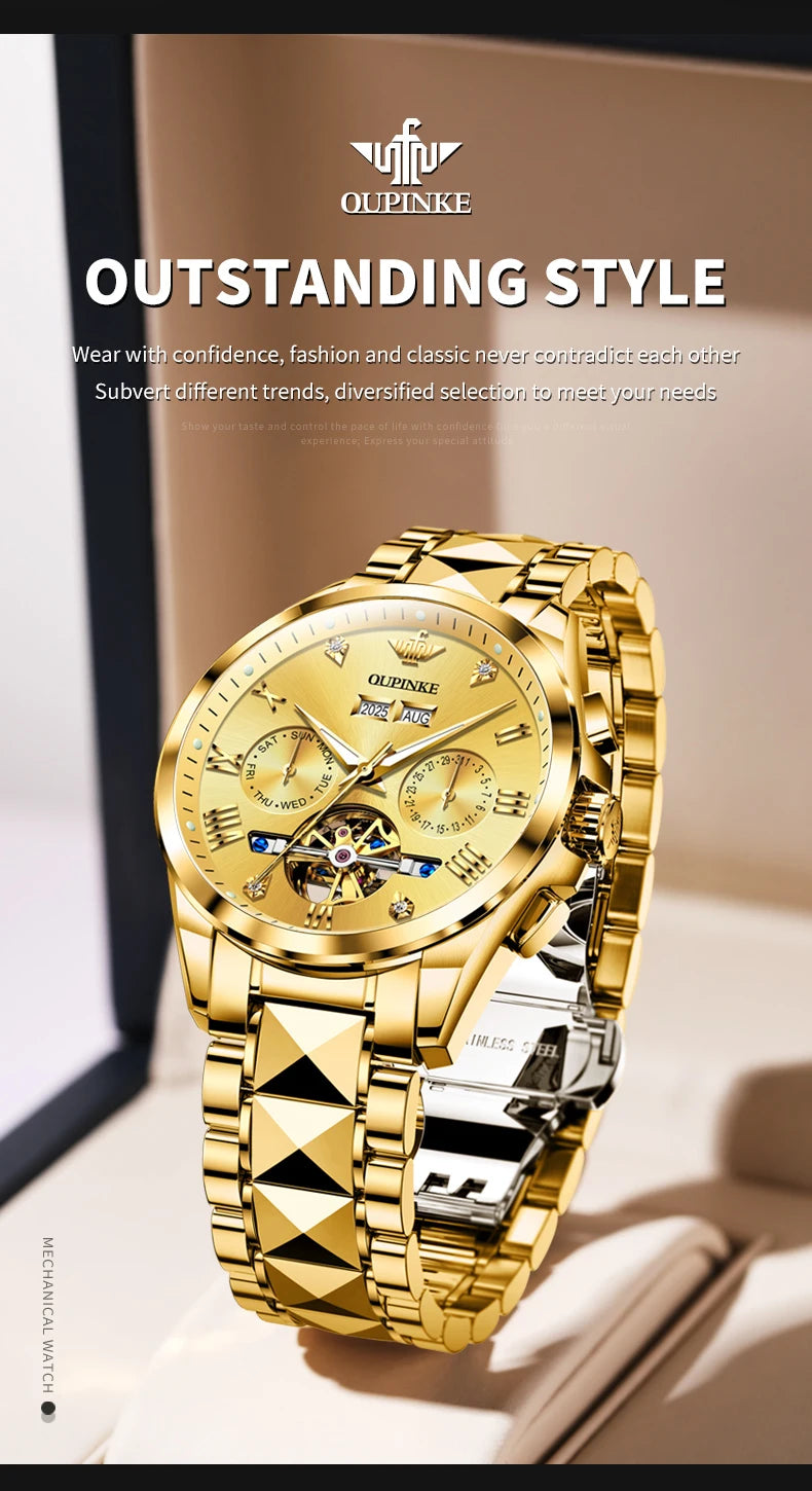 OUPINKE 3240 Skeleton Men's Watches 50m Waterproof Automatic Mechanical Watch Sapphire Luminous Date Tungsten Steel Brand Watch