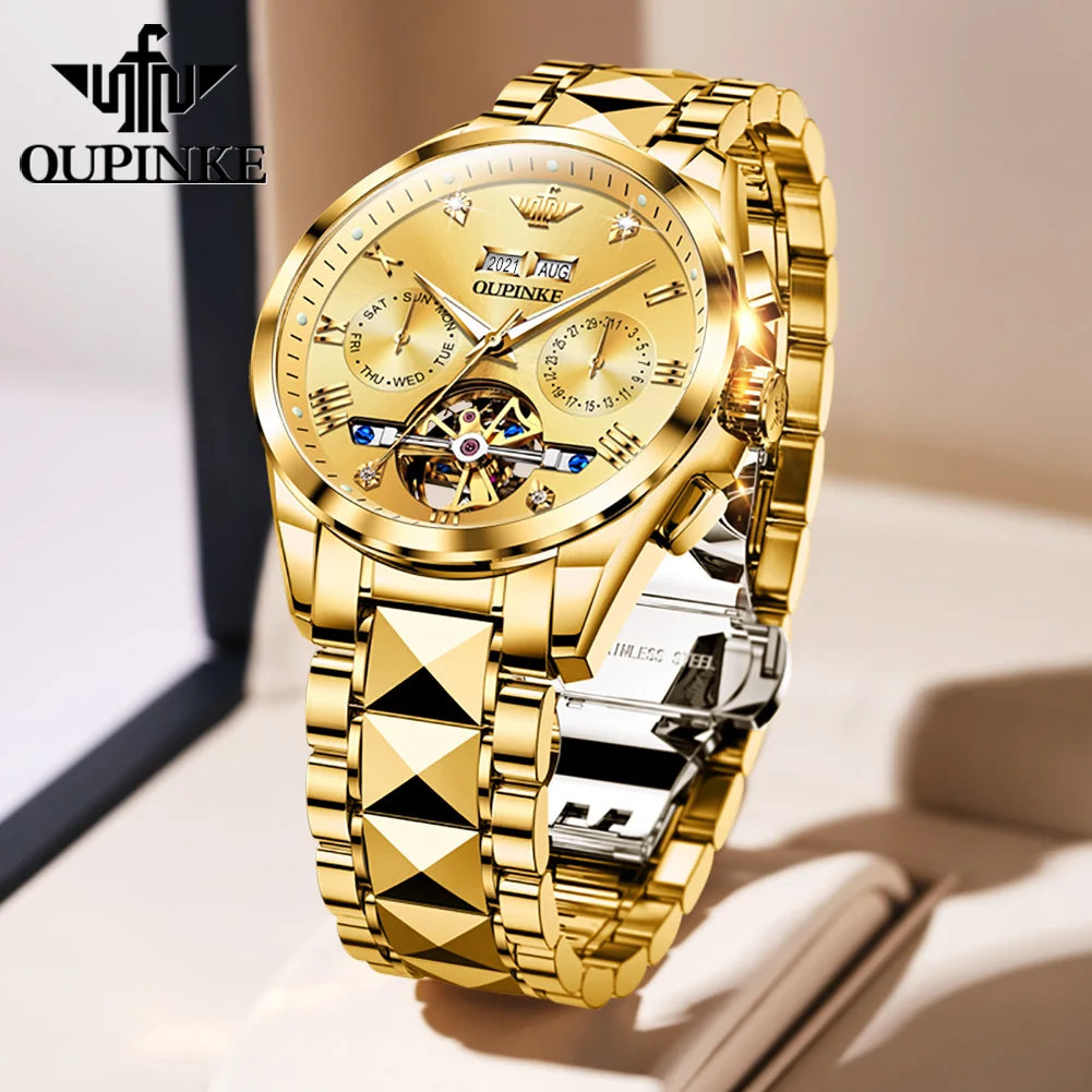 OUPINKE 3186 Automatic Mechanical Movement Watch Hollow Design HD Luminous 50m Waterproof Tungsten Steel Week Calendar Window Watch For Men