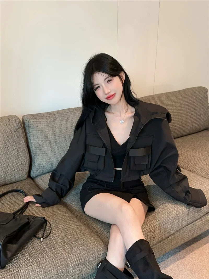 Fall Hot Sale Of The Season Women's Trendy Short Jacket Street Style Workwear Large Pocket Design Hooded Coat Casual Outerwea
