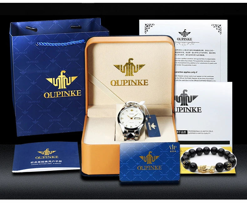 OUPINKE Tungsten Steel Automatic Mechanical Watch Men's 5Bar Waterproof Multi-functional Tourbillon Watches Relogio