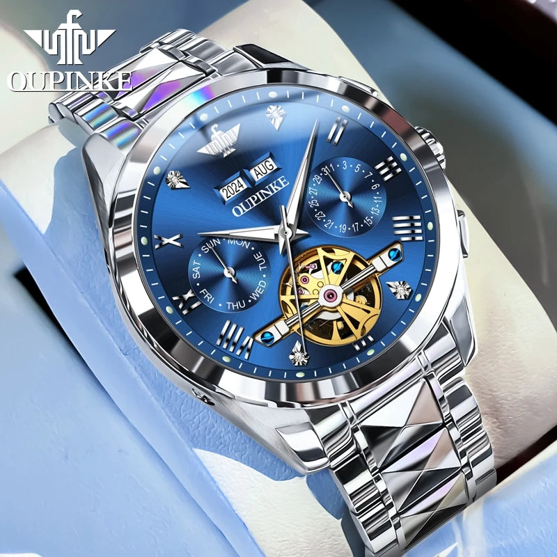 OUPINKE 3186 Men Watches Multifunctional Gold Tungsten steel Flywheel Waterproof Dual Calendar Display Male Wristwatch Classic