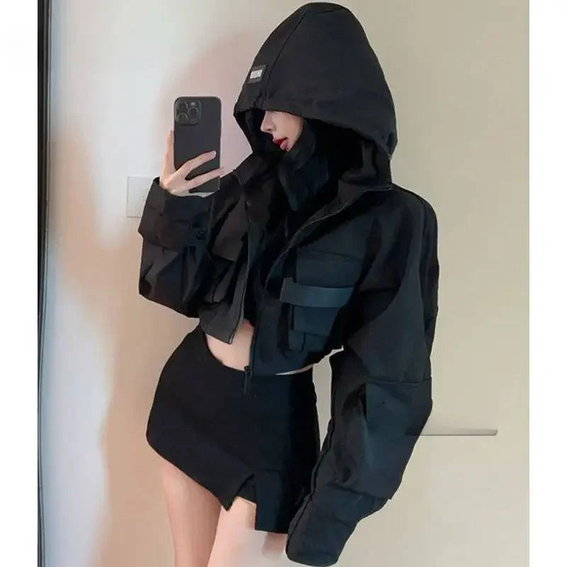 Fall Hot Sale Of The Season Women's Trendy Short Jacket Street Style Workwear Large Pocket Design Hooded Coat Casual Outerwea