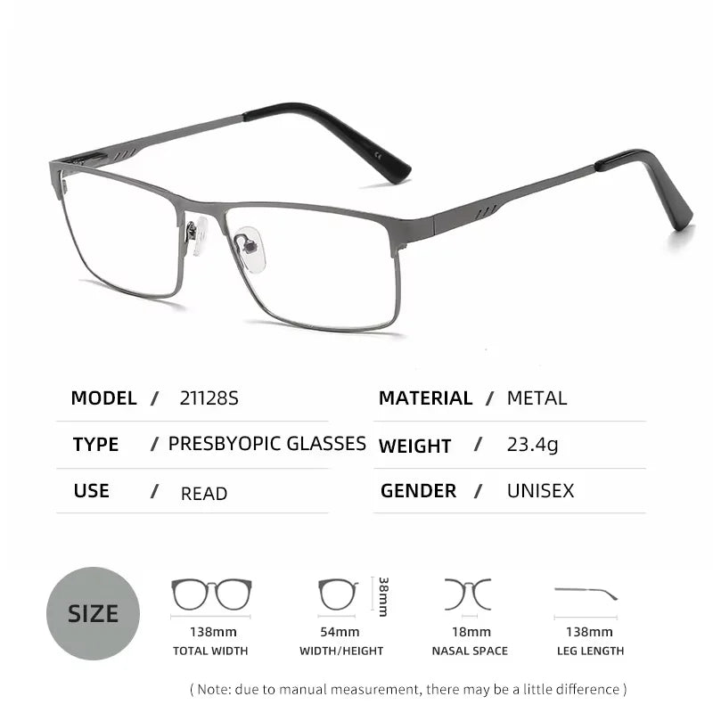 Men's Metal Square Frame Blue Light Blocking Reading Glasses, Fashion Presbyopic Eyeglasses for Men, +100 to +400 Diopters