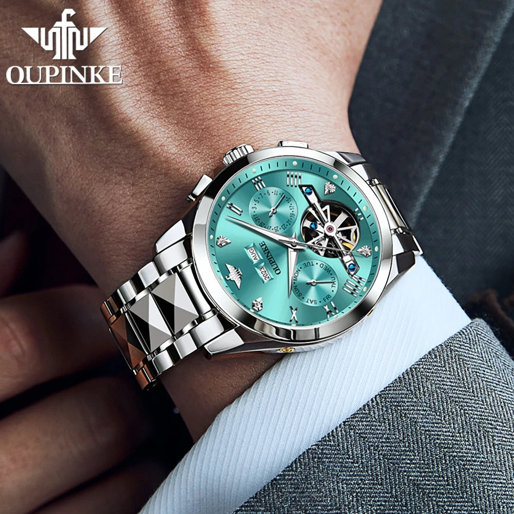 OUPINKE 3186 Men's Watches Luxury Mechanical Watch for Men Skeleton Flywheel Automatic Wristwatch Waterproof Luminous Man Watch