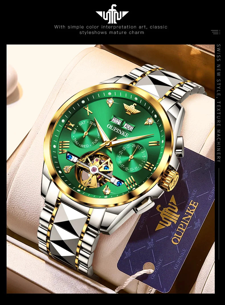 OUPINKE Tungsten Steel Automatic Mechanical Watch Men's 5Bar Waterproof Multi-functional Tourbillon Watches Relogio
