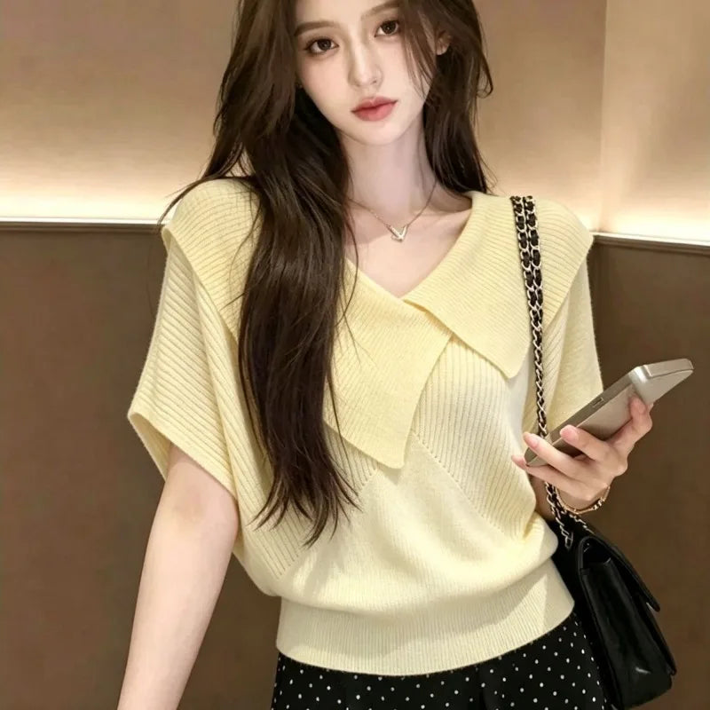Knit T Shirt For Women Irregular Solid Spring Summer Ropa De Mujer Korean Fashion Versatile Elegant Chic Casual Short Tees
