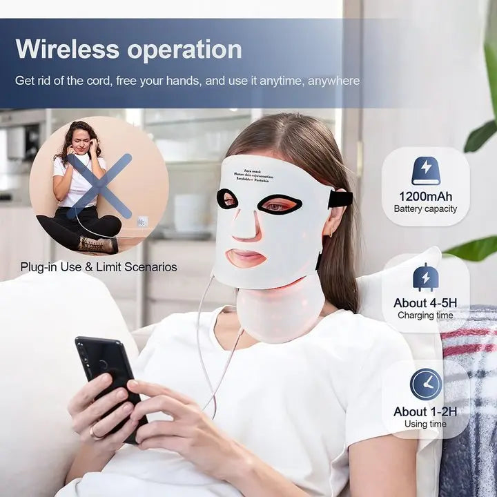 Silicone LED Mask Face And Neck 7 Colors LED Photon Red Light Infrared Therapy Flexible Facial Mask Repair Skin Wireless Use