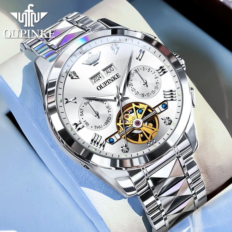 OUPINKE 3186 Men Watches Multifunctional Gold Tungsten steel Flywheel Waterproof Dual Calendar Display Male Wristwatch Classic