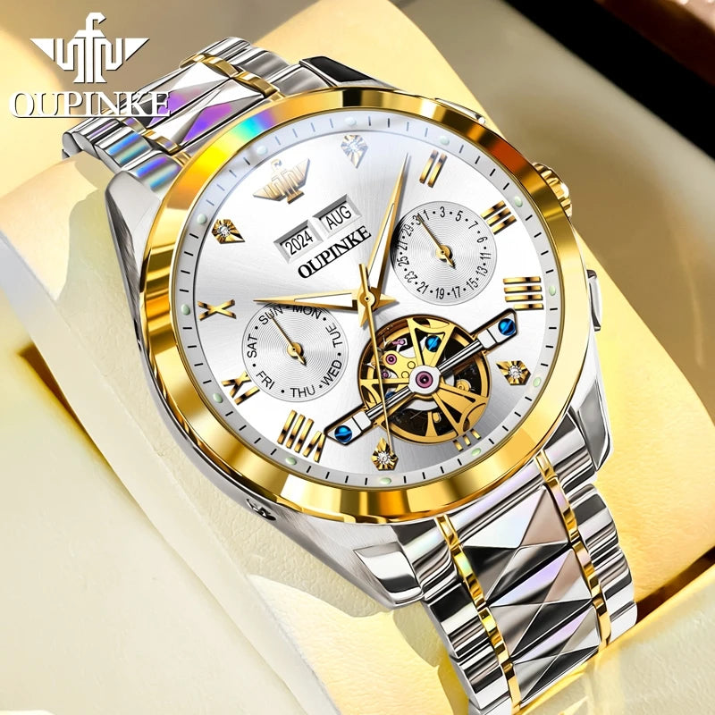 OUPINKE Classic Watch 3186 Multifunctional Skeleton Dial Waterproof Luminous Automatic Mechanical Watches