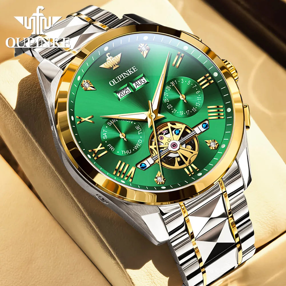 OUPINKE 3240 Skeleton Men's Watches 50m Waterproof Automatic Mechanical Watch Sapphire Luminous Date Tungsten Steel Brand Watch