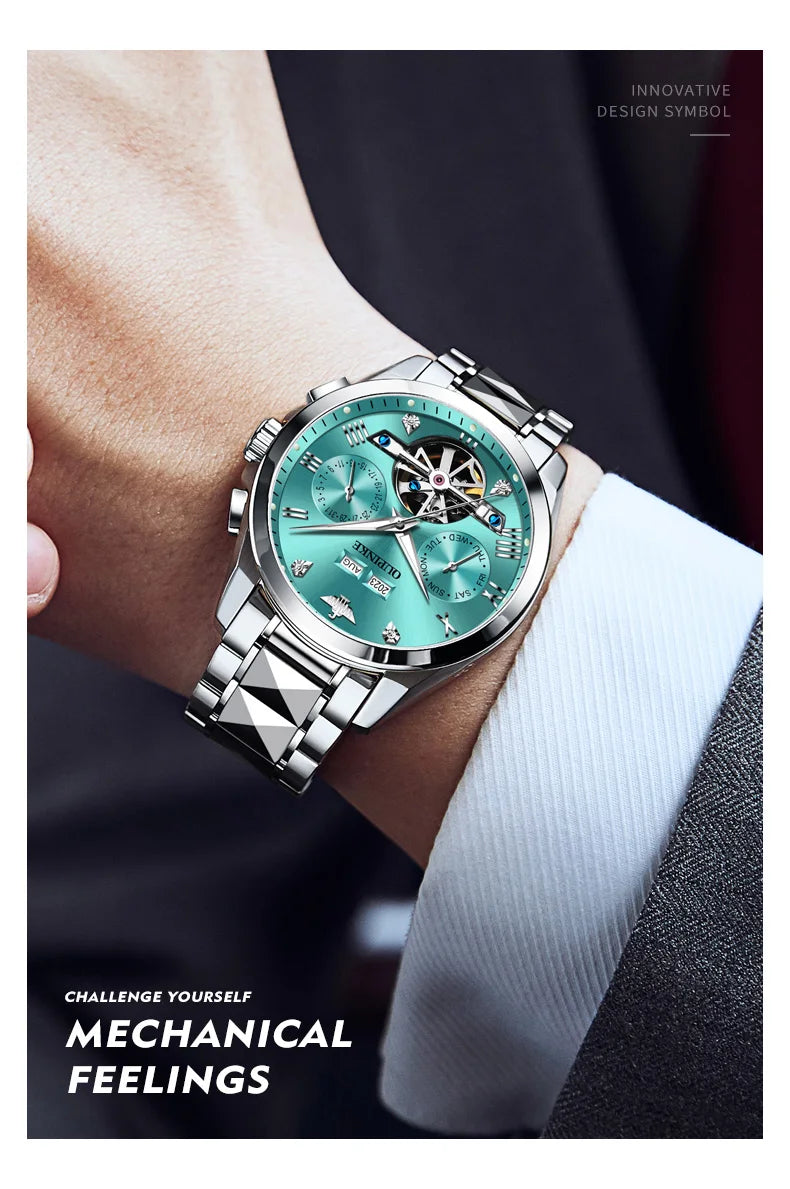 OUPINKE 3186 Men's Watches Skeleton Flywheel Automatic Mechanical Watch for Men Luxury Brand Dual Calendar Display Wristwatch
