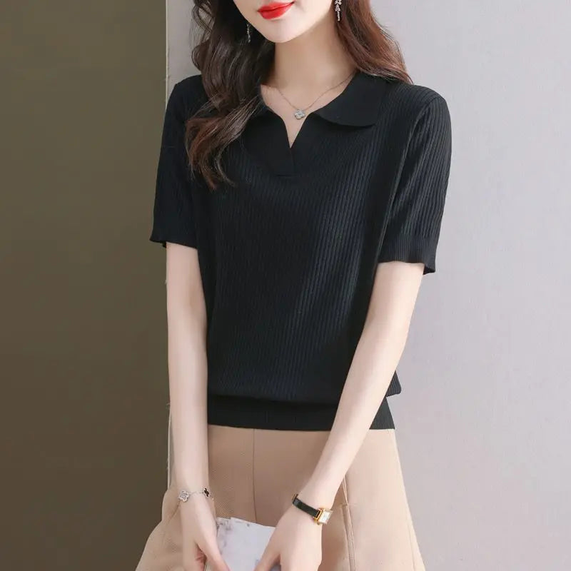 Knitted Short-sleeved T-shirt New Summer Design Sense Niche Tops Fashion Slimming Loose Ice Silk Body Shirt