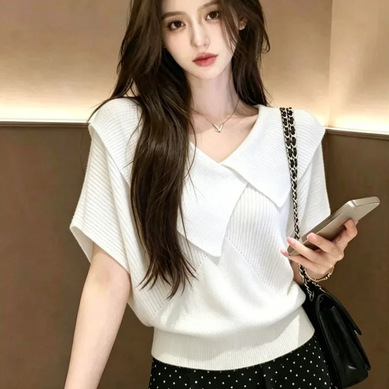 Knit T Shirt For Women Irregular Solid Spring Summer Ropa De Mujer Korean Fashion Versatile Elegant Chic Casual Short Tees