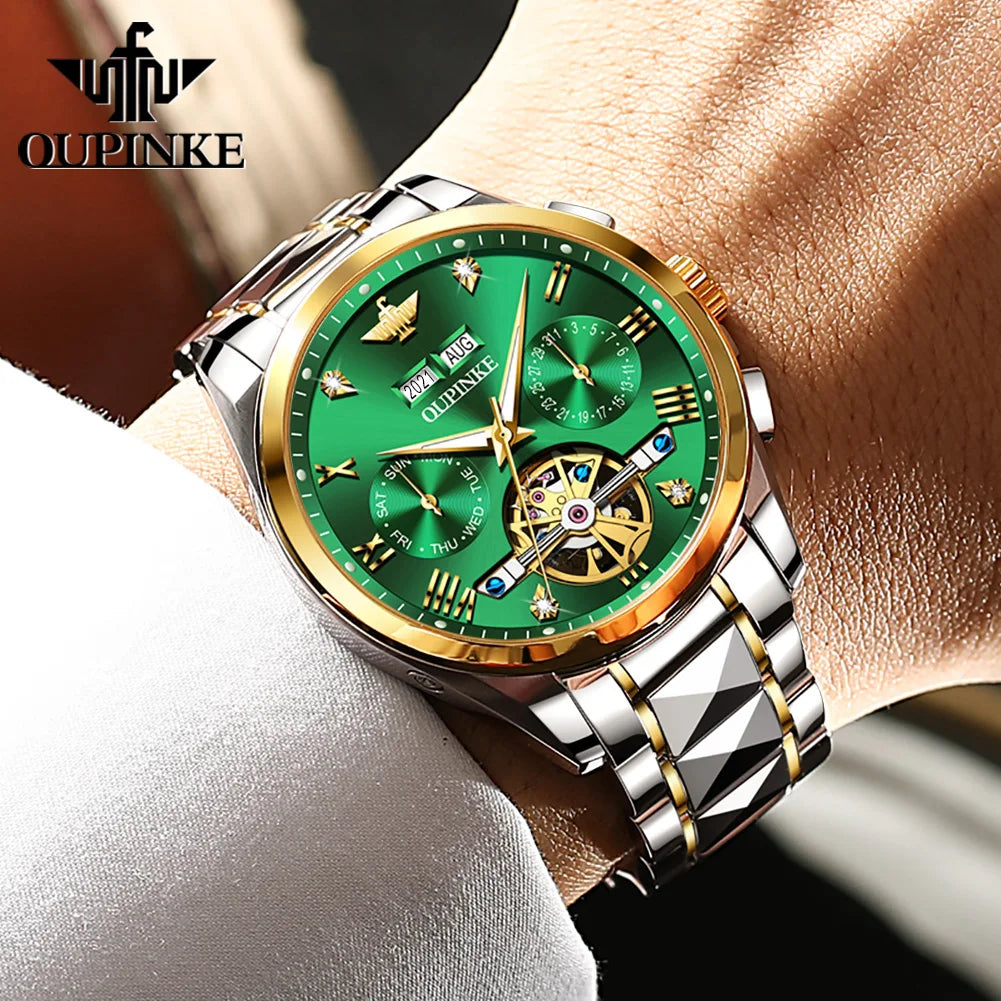 OUPINKE 3186 Automatic Mechanical Movement Watch Hollow Design HD Luminous 50m Waterproof Tungsten Steel Week Calendar Window Watch For Men