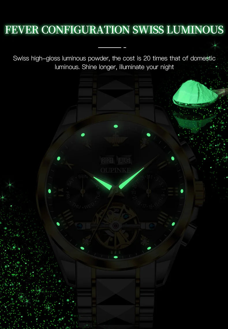 OUPINKE Tungsten Steel Automatic Mechanical Watch Men's 5Bar Waterproof Multi-functional Tourbillon Watches Relogio