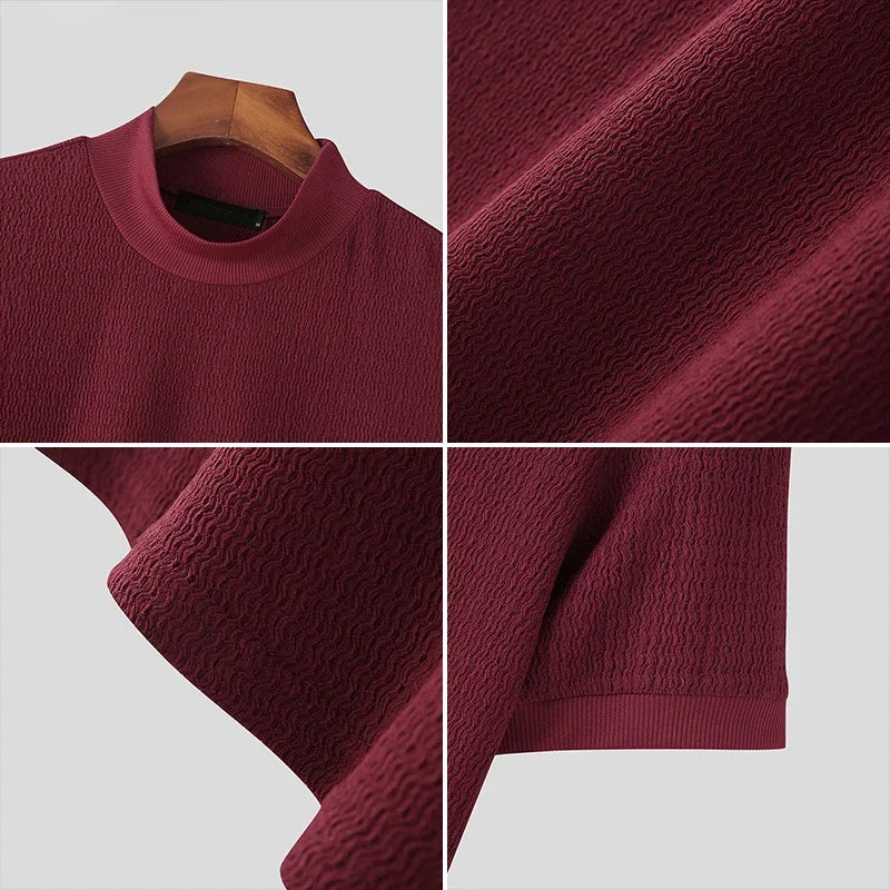 2024 Slim Fit Knitted T-shirt for Men Solid Turtleneck Casual Shirts Men's Short Sleeve Knit Sweater Bottoming Tops Streetwear