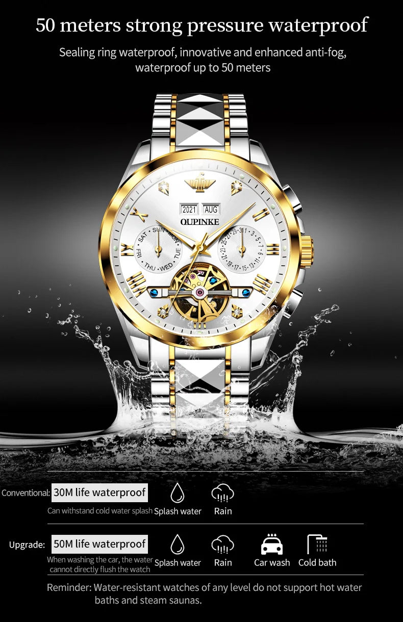 OUPINKE 3186 Men Watches Multifunctional Gold Tungsten steel Flywheel Waterproof Dual Calendar Display Male Wristwatch Classic