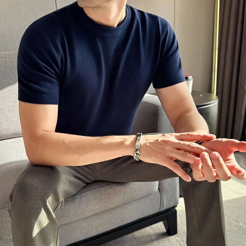Men's High-Quality Solid Color Short Sleeve Knit T-Shirt - Slim Fit Round Neck Thickened Casual Top