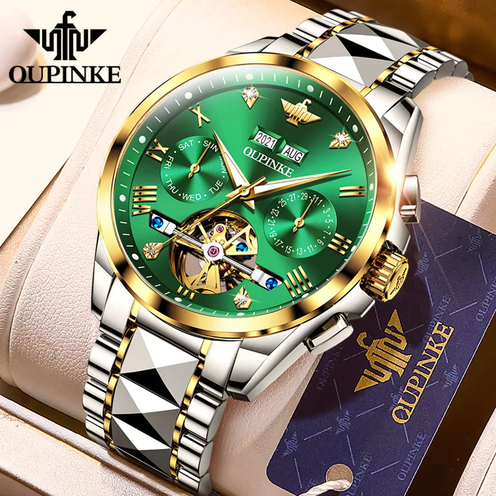 OUPINKE 3186 Men's Watches Skeleton Flywheel Automatic Mechanical Watch for Men Luxury Brand Dual Calendar Display Wristwatch