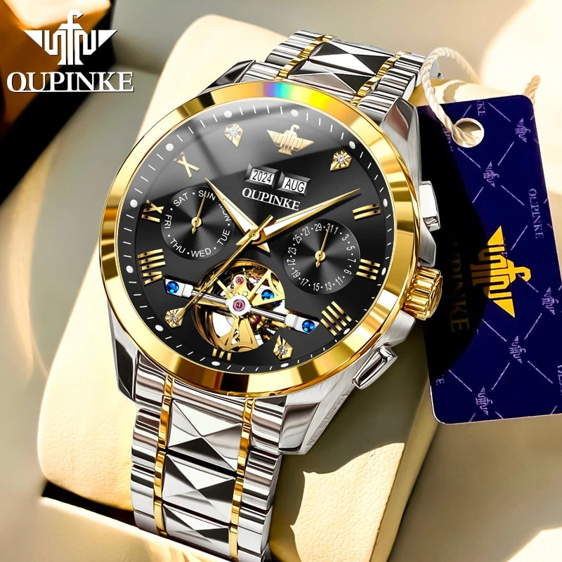 OUPINKE 3186 Original Luxury Man Watch Skeleton Flywheel Automatic Mechanical Watch for Men Waterproof Luminous Dress Wristwatch