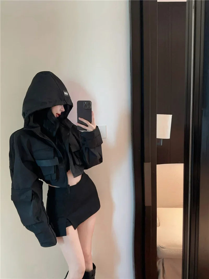 Fall Hot Sale Of The Season Women's Trendy Short Jacket Street Style Workwear Large Pocket Design Hooded Coat Casual Outerwea