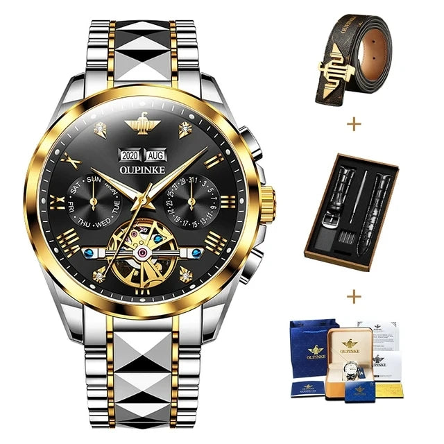 OUPINKE 3186 Men's Watches Luxury Mechanical Watch for Men Skeleton Flywheel Automatic Wristwatch Waterproof Luminous Man Watch