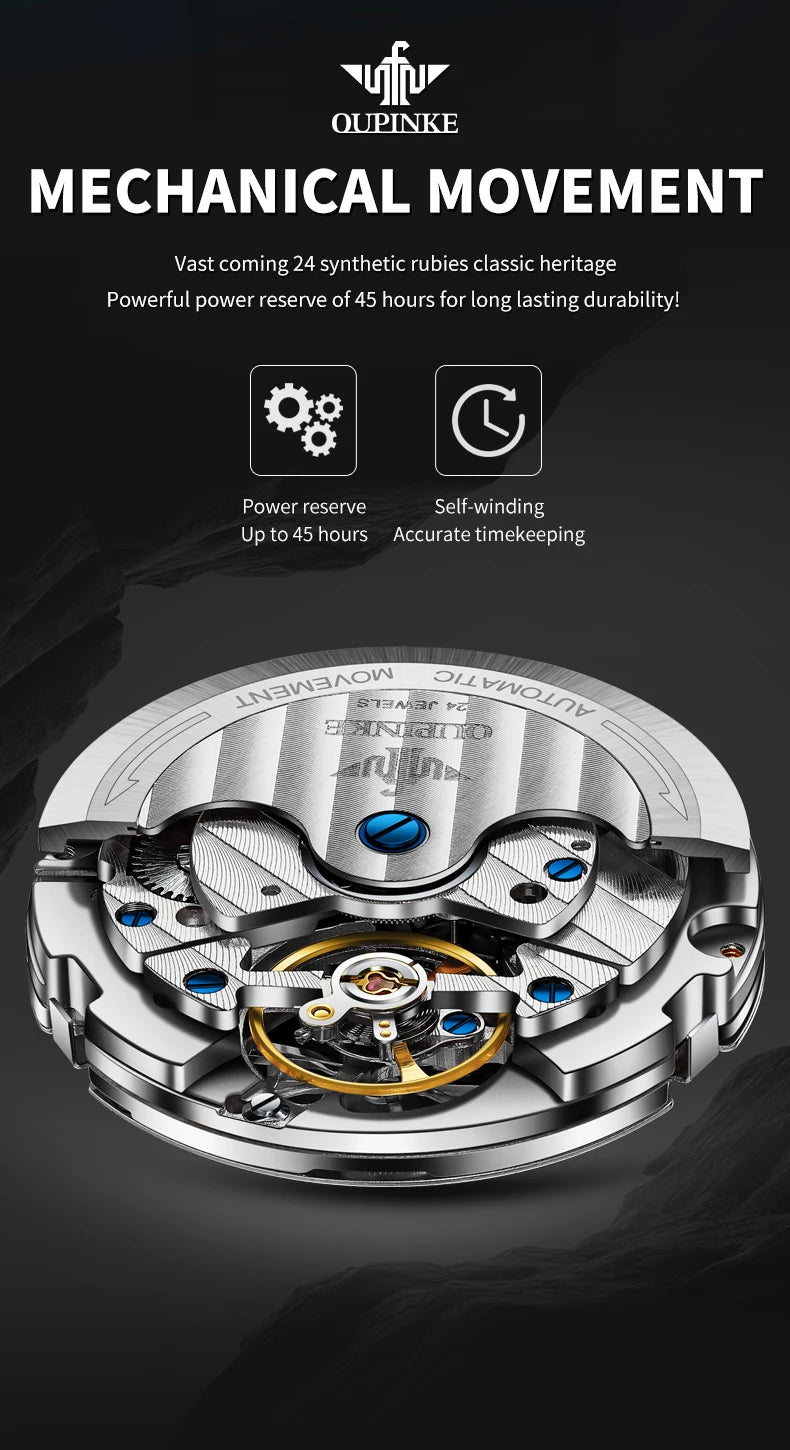 OUPINKE 3240 Skeleton Men's Watches 50m Waterproof Automatic Mechanical Watch Sapphire Luminous Date Tungsten Steel Brand Watch