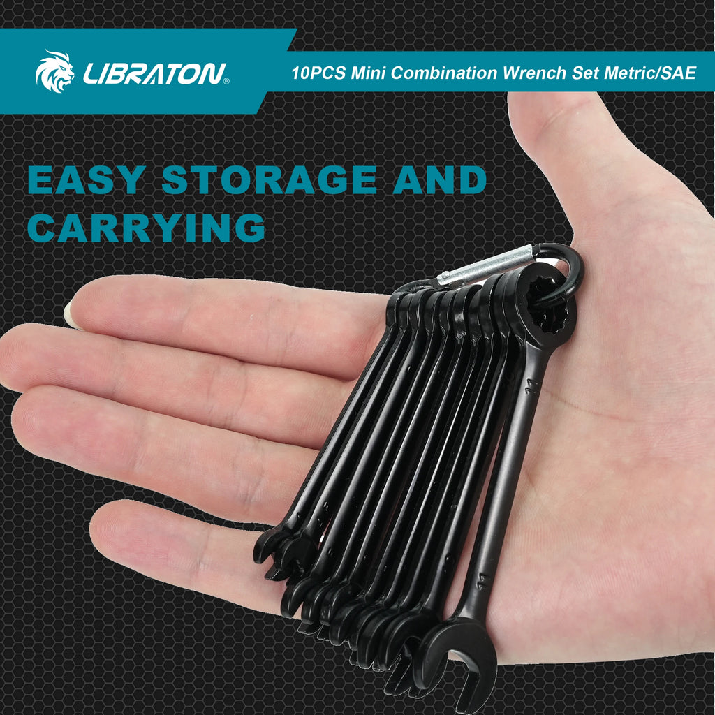 LIBRATON 20PCS Mini Wrench Set Metric 4-11mm & SAE 5/32''-7/16'' Open End and Box End Carbon Steel Lightweight Organizer Pouch