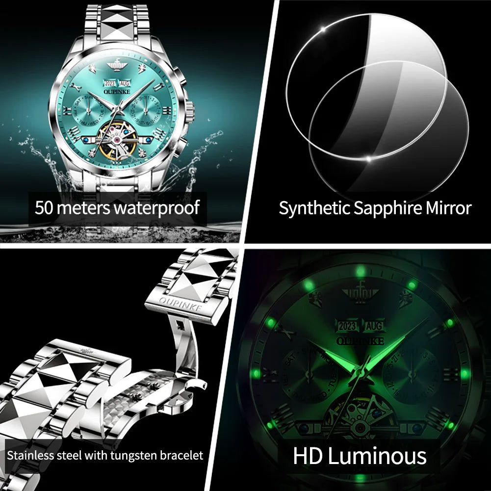 OUPINKE Tungsten Steel Automatic Mechanical Watch Men's 5Bar Waterproof Multi-functional Tourbillon Watches Relogio