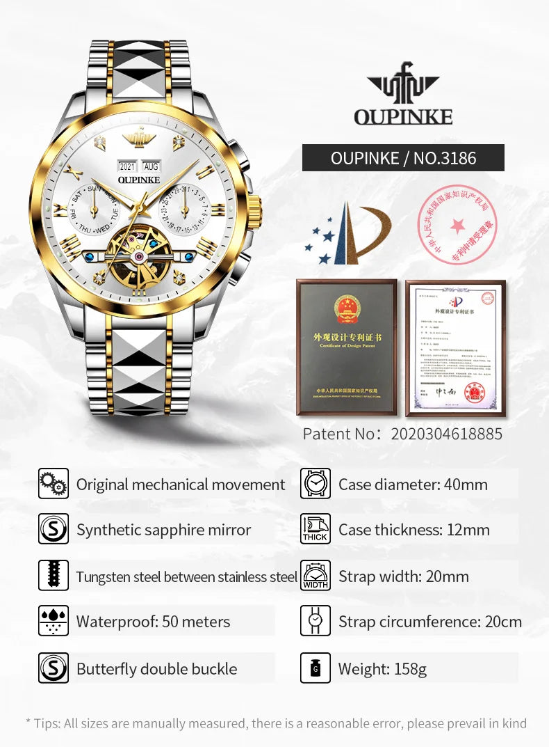 OUPINKE 3186 Men Watches Multifunctional Gold Tungsten steel Flywheel Waterproof Dual Calendar Display Male Wristwatch Classic