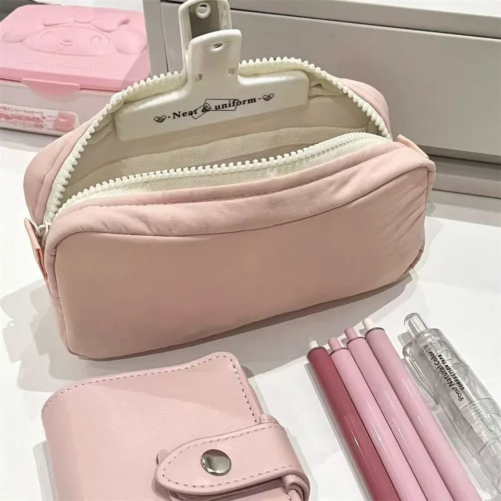 High Quality Solid Color Pen Bag Large Capacity Zipper Design Stationery Bag Portable Pen Box Back To School