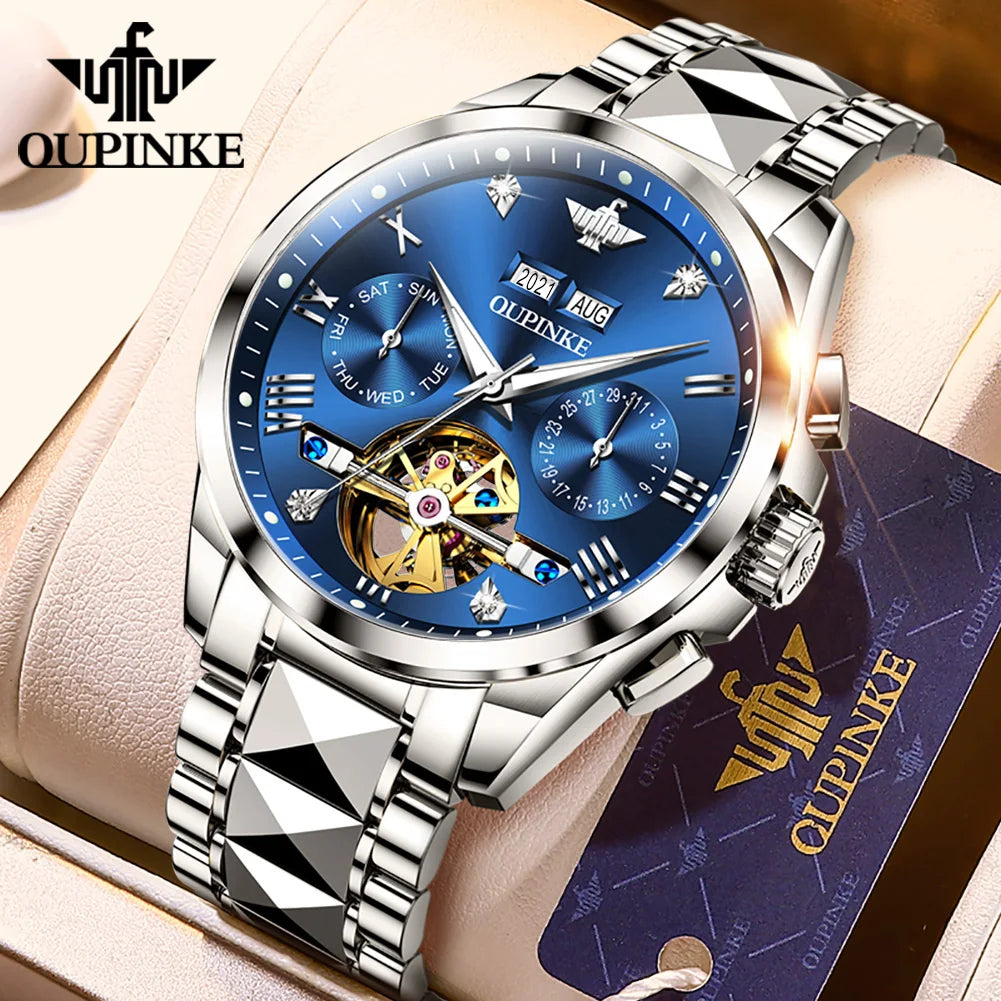 OUPINKE 3186 Men's Watches Skeleton Flywheel Automatic Mechanical Watch for Men Luxury Brand Dual Calendar Display Wristwatch