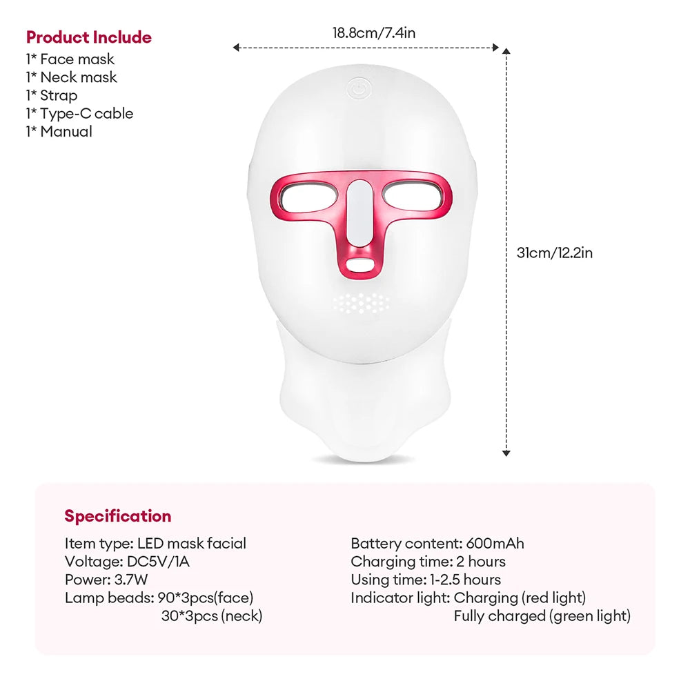 7 Colors Photon Facial LED Mask Red Light Therapy Anti Aging Face Neck Beauty Mask Relaxation Treatment Anti-Wrinkle Skin Care
