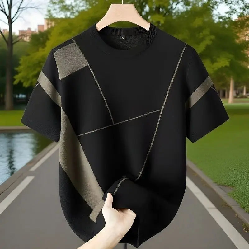 Modern Geometric Knit T-Shirt For Men Casual Daily Wear Soft Comfortable Short Sleeve Round Neck Design