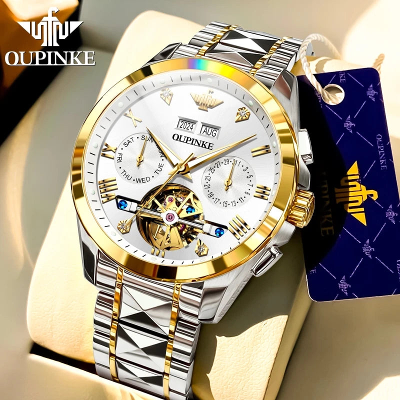 OUPINKE 3186 Original Luxury Man Watch Skeleton Flywheel Automatic Mechanical Watch for Men Waterproof Luminous Dress Wristwatch