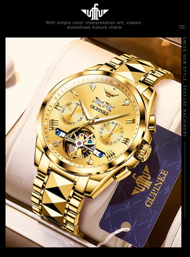 OUPINKE 3186 Men Watches Multifunctional Gold Tungsten steel Flywheel Waterproof Dual Calendar Display Male Wristwatch Classic