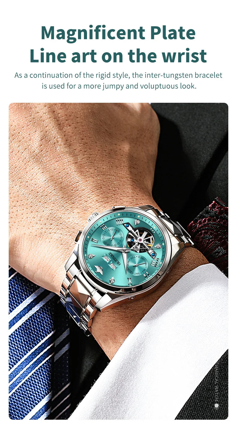 OUPINKE 3186 Men's Watches Skeleton Flywheel Automatic Mechanical Watch for Men Luxury Brand Dual Calendar Display Wristwatch