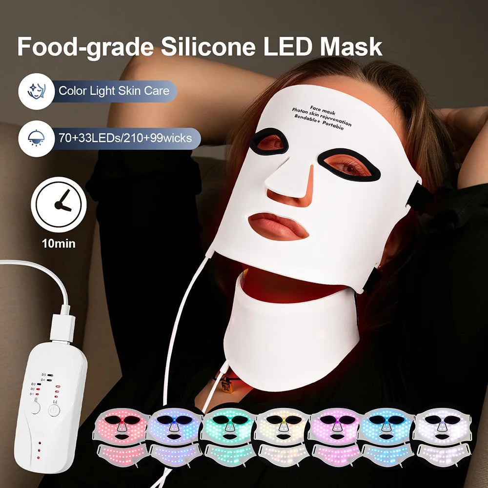 Silicone LED Mask Face And Neck 7 Colors LED Photon Red Light Infrared Therapy Flexible Facial Mask Repair Skin Wireless Use