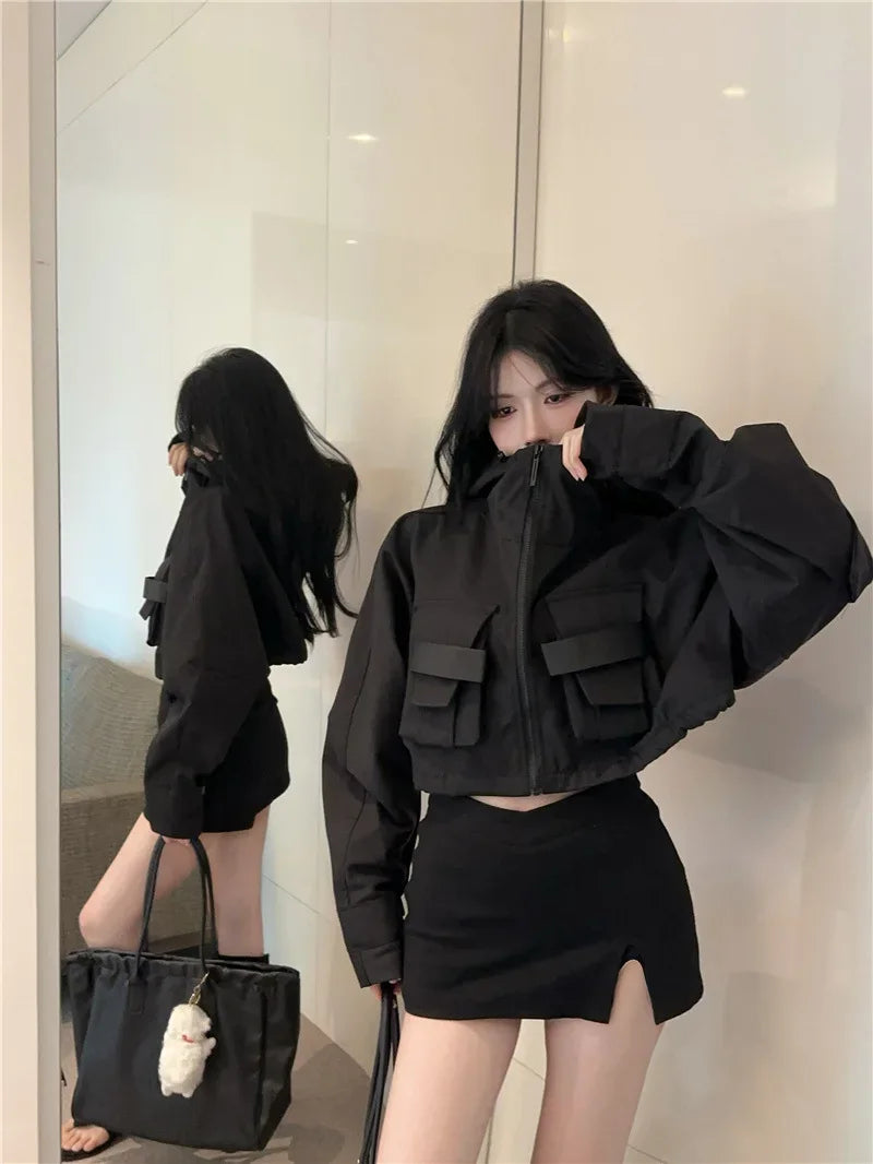 Fall Hot Sale Of The Season Women's Trendy Short Jacket Street Style Workwear Large Pocket Design Hooded Coat Casual Outerwea