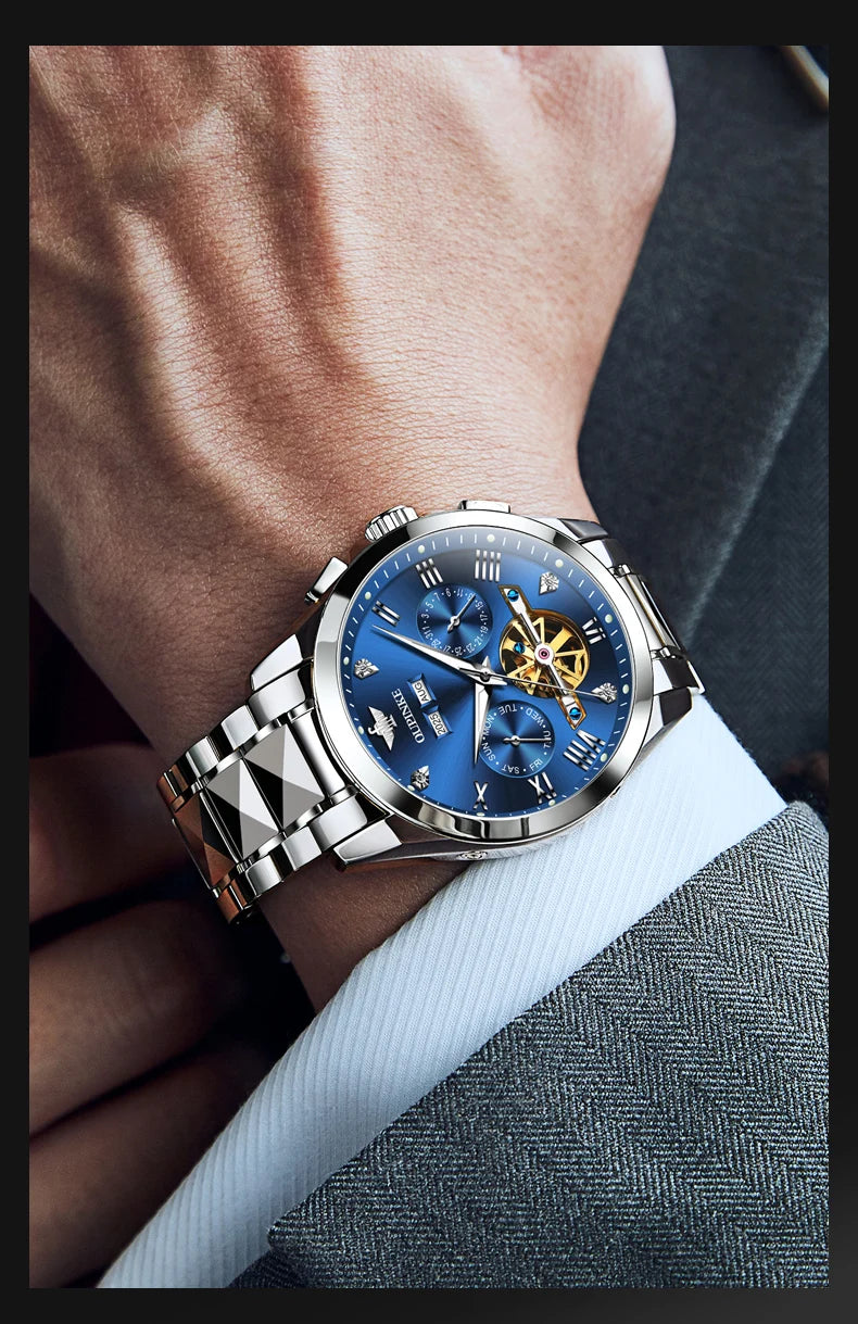 OUPINKE 3240 Skeleton Flywheel Multifunctional Automatic Mechanical Watches for Men 44mm Large Dial Tungsten Steel Luxury Watch