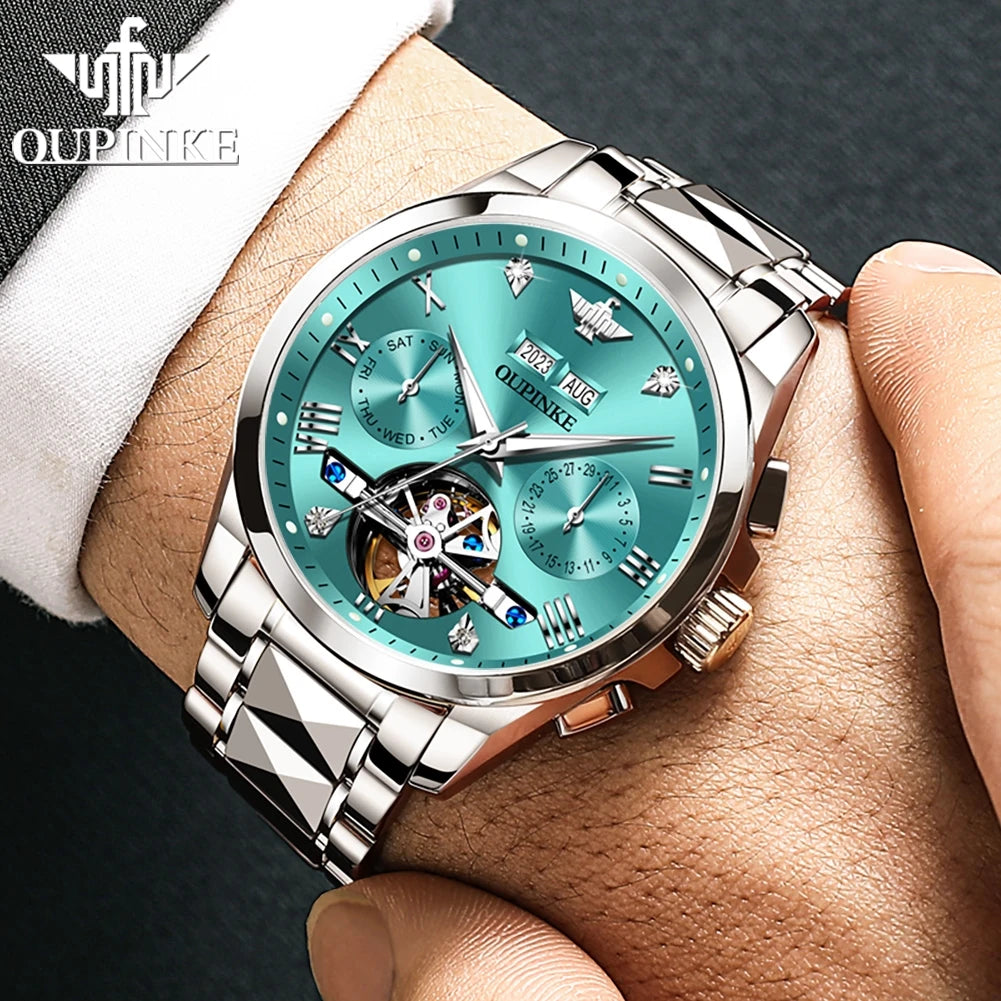 OUPINKE 3186 Men's Watches Luxury Mechanical Watch for Men Skeleton Flywheel Automatic Wristwatch Waterproof Luminous Man Watch