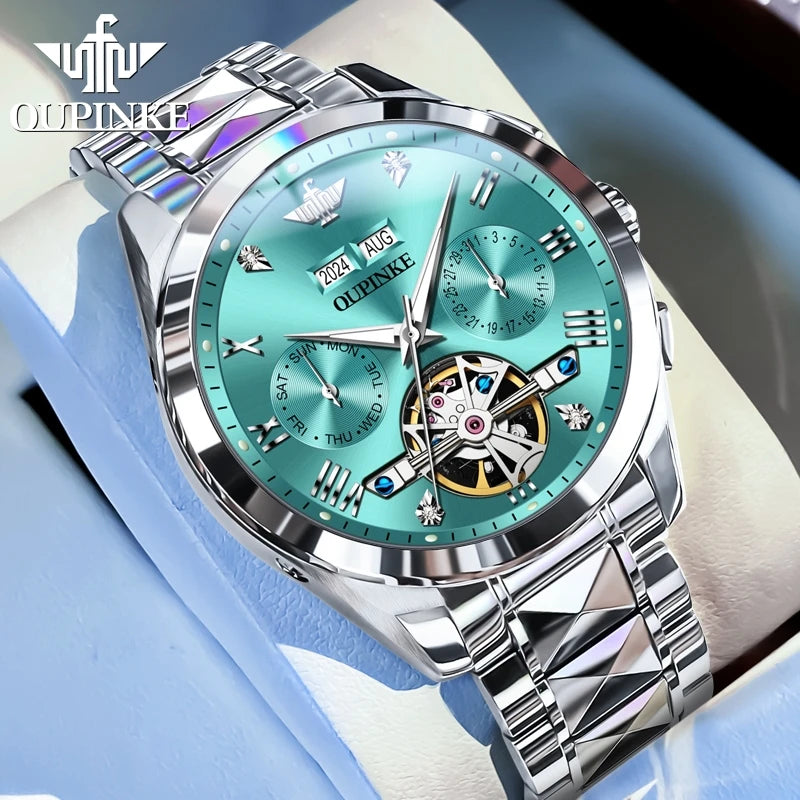 OUPINKE Classic Watch 3186 Multifunctional Skeleton Dial Waterproof Luminous Automatic Mechanical Watches
