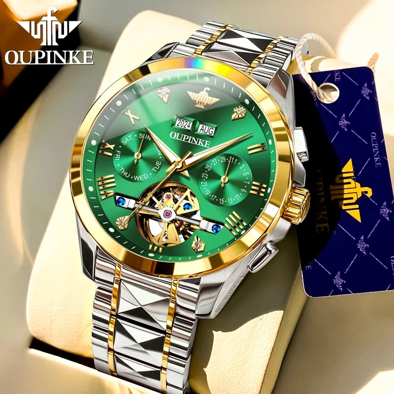 OUPINKE 3186 Original Luxury Man Watch Skeleton Flywheel Automatic Mechanical Watch for Men Waterproof Luminous Dress Wristwatch